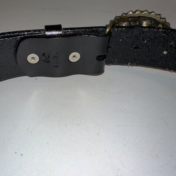 B-Low The Belt Black Leather Rhinestone Embossed Boho Belt Size 34 Floral Buckle - Picture 6 of 8